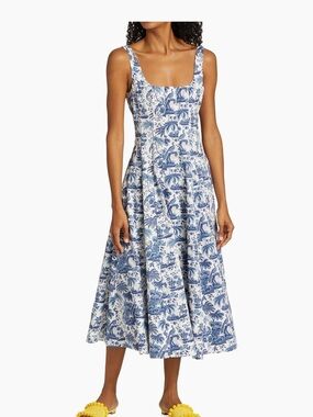 STAUD Wells Midi Dress in China Blue Toile